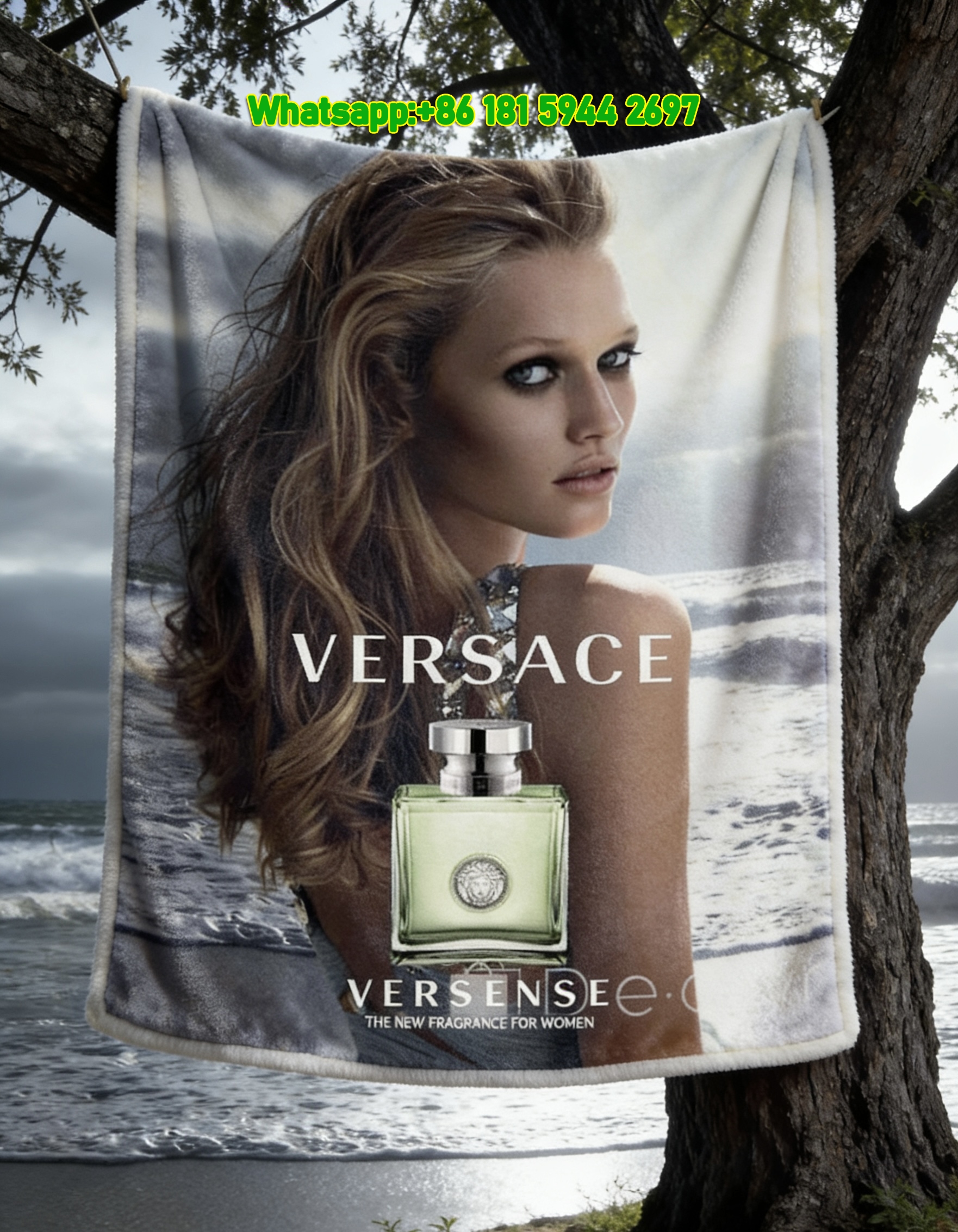 Versace Versense Perfume Ad with Beach and Model Print Flannel Throw Blanket in Light Green Blue and Neutral Tones IMG_1585